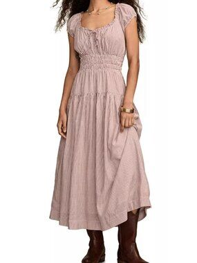 NWT Lucky Brand Light My Fire Burgundy Stripe Smocked Maxi Dress MSRP $129